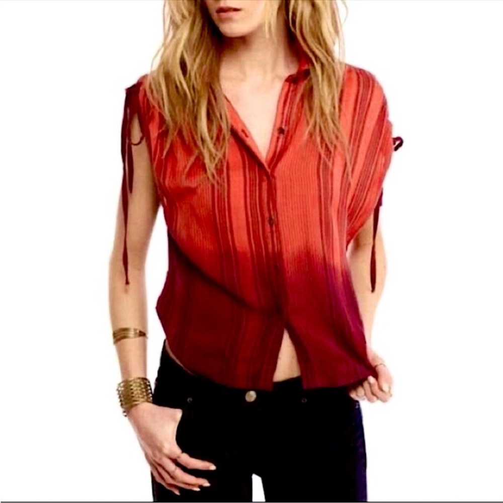 Free People Baby Blues Red Ombré Striped button down Blouse Shirt S